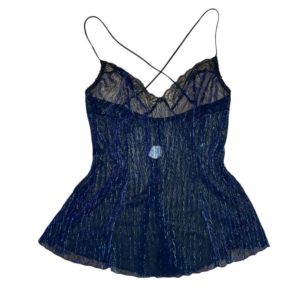 Sheer Lace Trim Navy Metallic Chemise - Unbranded